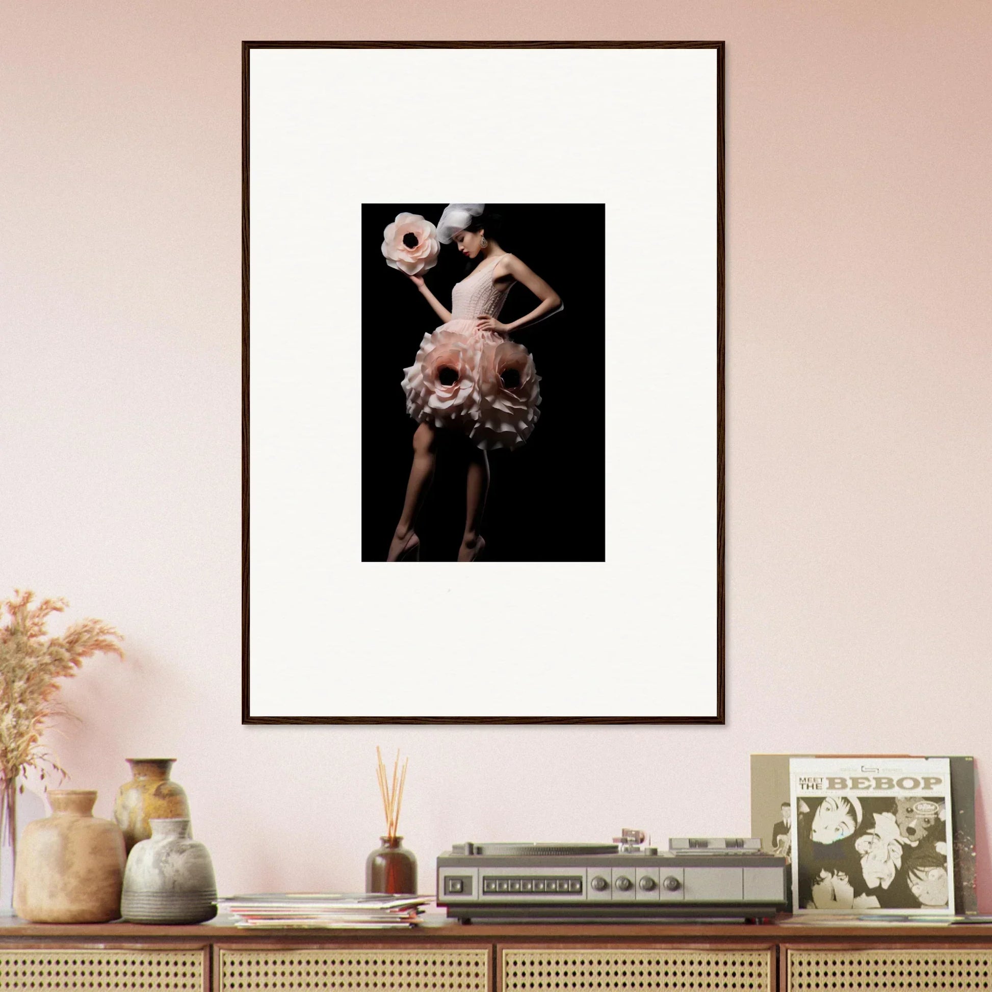 Framed wall art of an avant-garde costume with floral elements for stylish room decor