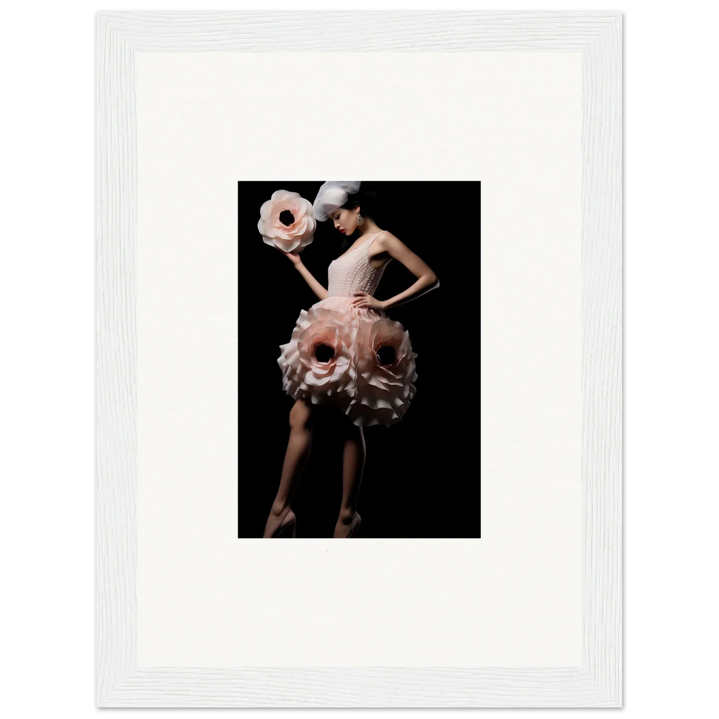 Dancer in pink ruffled dress and matching hat, perfect for room decor or canvas prints