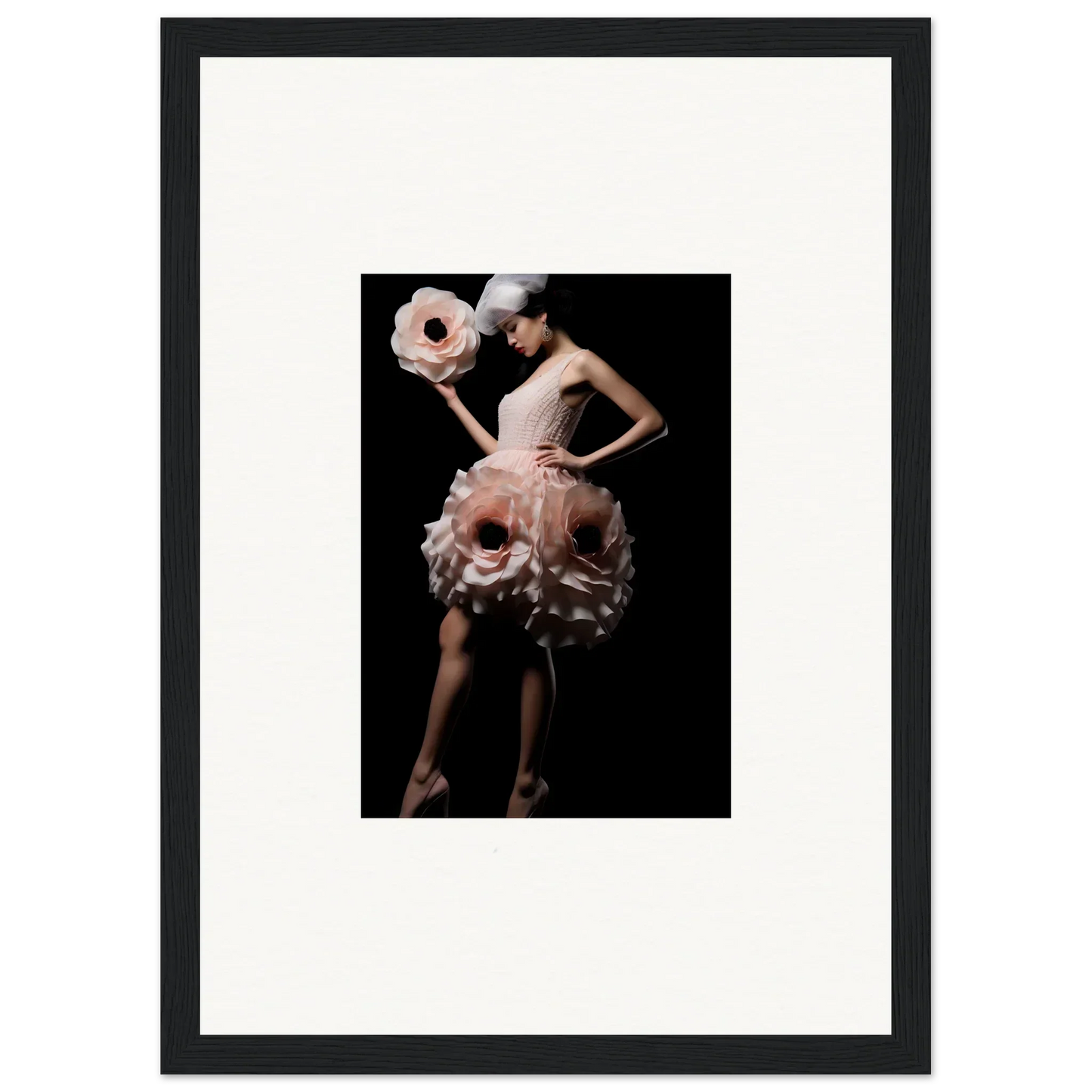 Framed wall art of a person in a pink ruffled dress and hat for stylish room decor