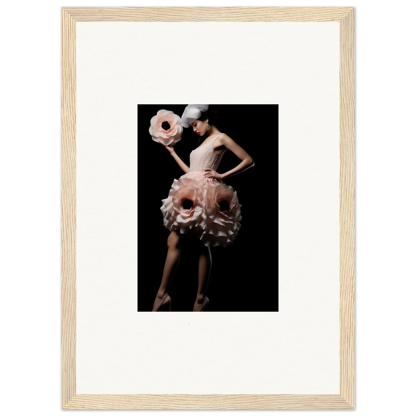 Framed wall art of a person in a pink ruffled dress and hat for elegant room decor