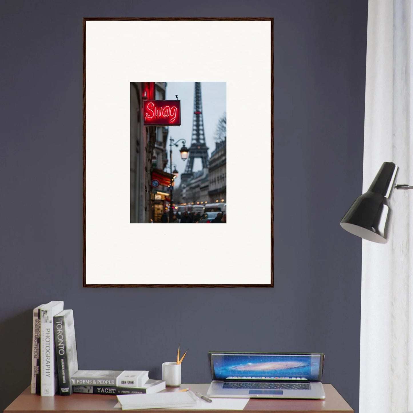 Framed wall art of a Parisian street with the Eiffel Tower and Salon sign for room decor