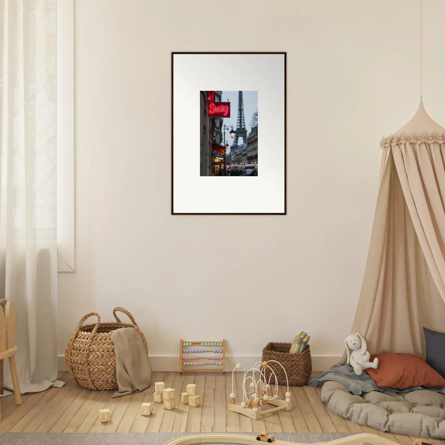 Framed wall art of Paris with Eiffel Tower and neon signs for stylish room decor