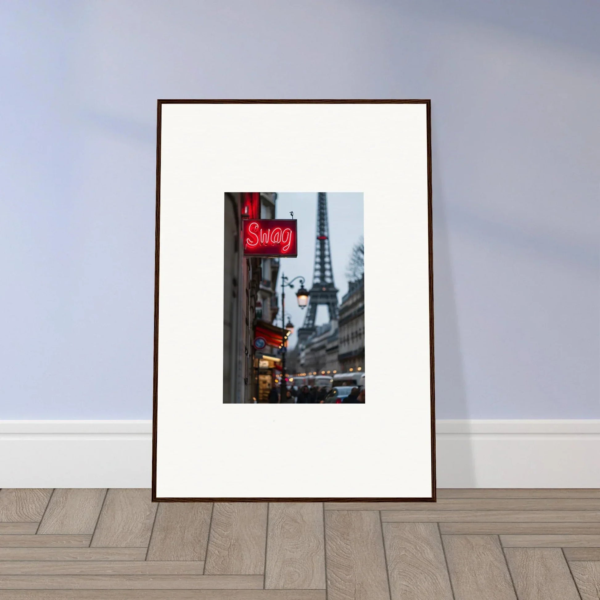 Framed wall art of Paris street scene with Eiffel Tower and neon sign for room decor