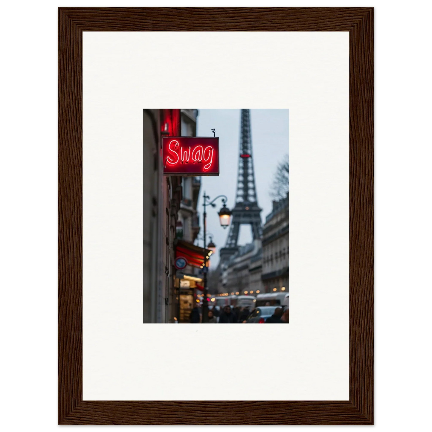 Framed wall art of Paris street scene with Eiffel Tower and red neon Swag sign for room decor