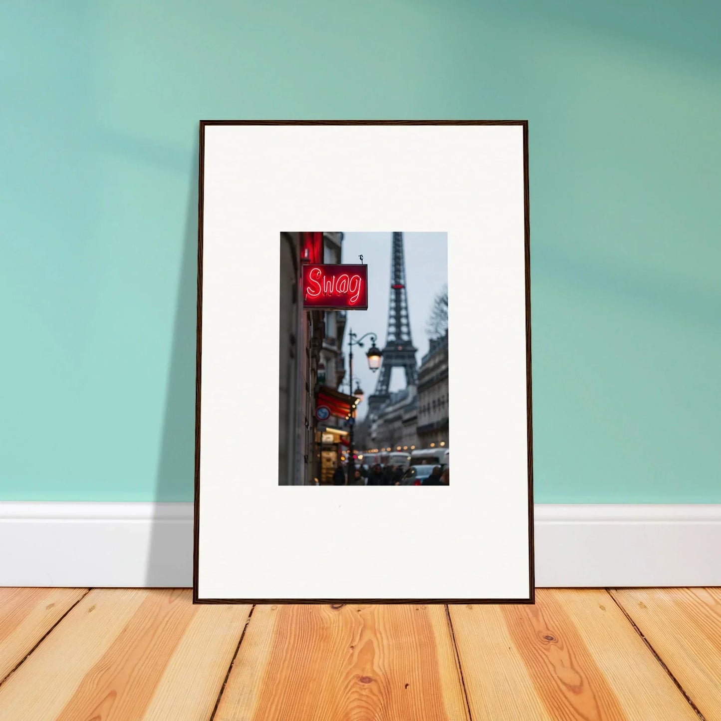 Framed wall art of a Parisian street with the Eiffel Tower and Smoky sign for room decor