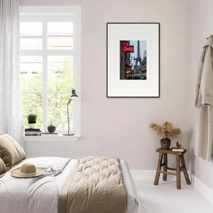 Cozy bedroom with light decor and framed wall art enhancing Tour Sentiments room decor