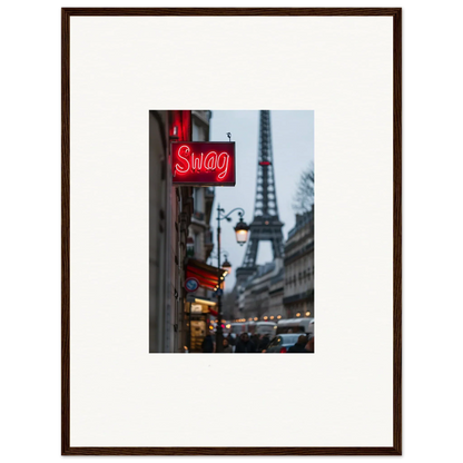 Framed wall art of a Parisian street with Eiffel Tower and red neon Swag sign for room decor