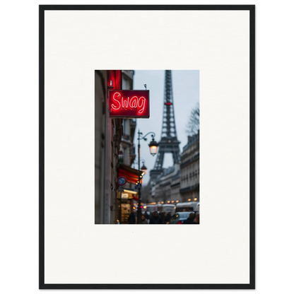 Framed wall art of a Parisian street scene with neon sign and Eiffel Tower for room decor