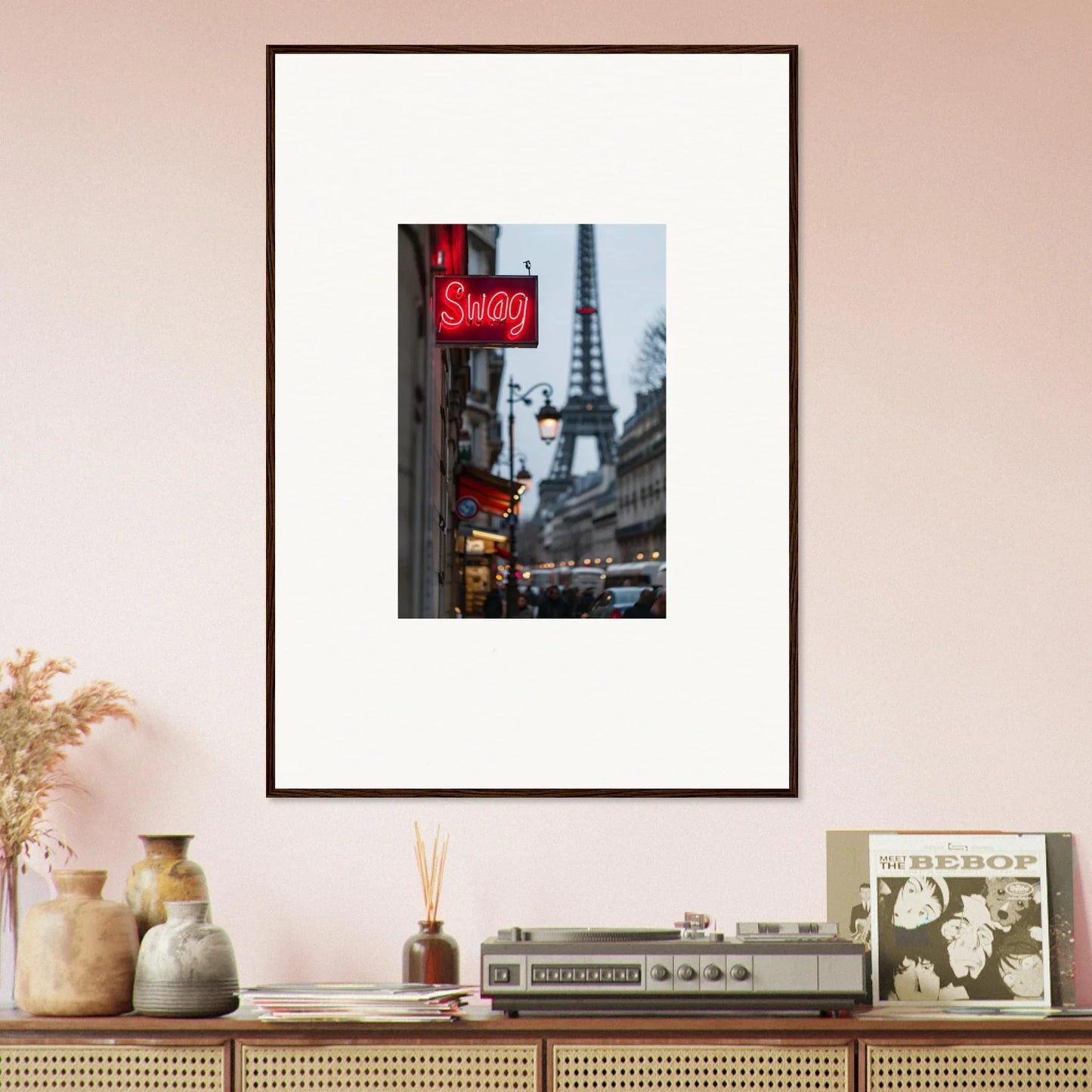 Framed wall art of a Parisian street scene with the Eiffel Tower for tour sentiments