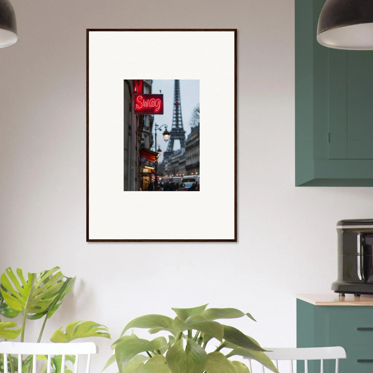 Framed wall art of a Parisian street scene with the Eiffel Tower for tour sentiments room decor