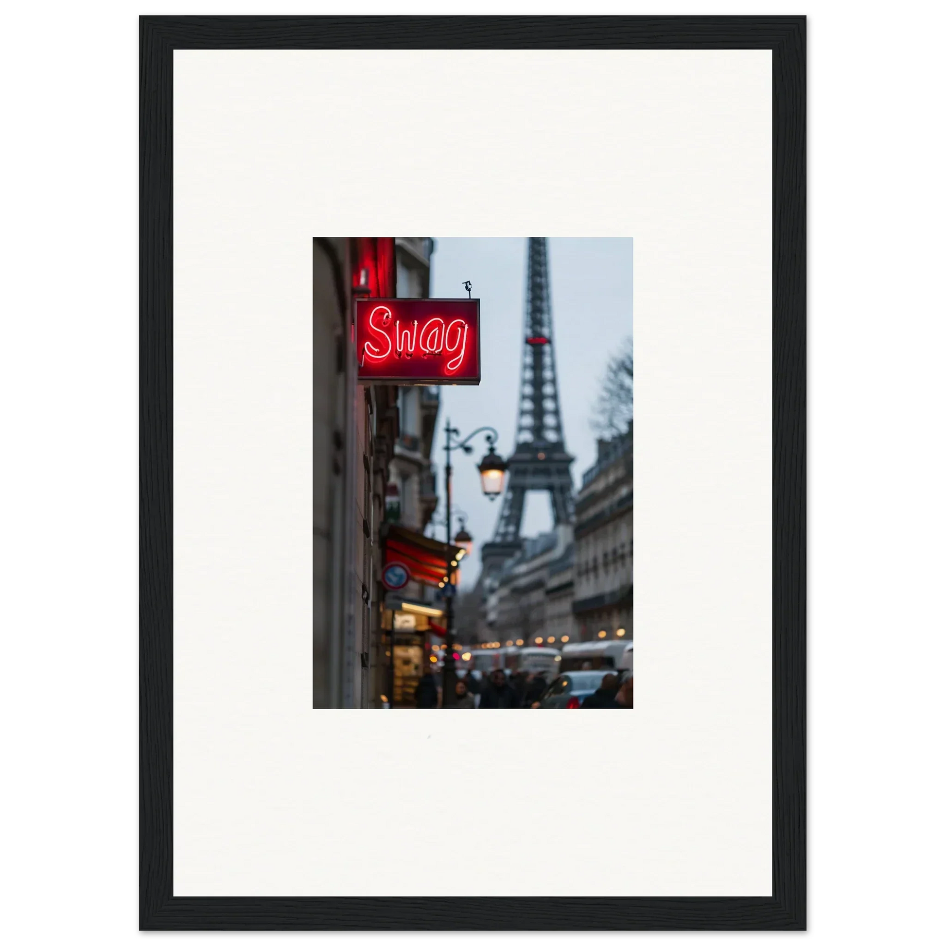 Framed wall art of a Paris street with neon Swag sign and Eiffel Tower, tour sentiments