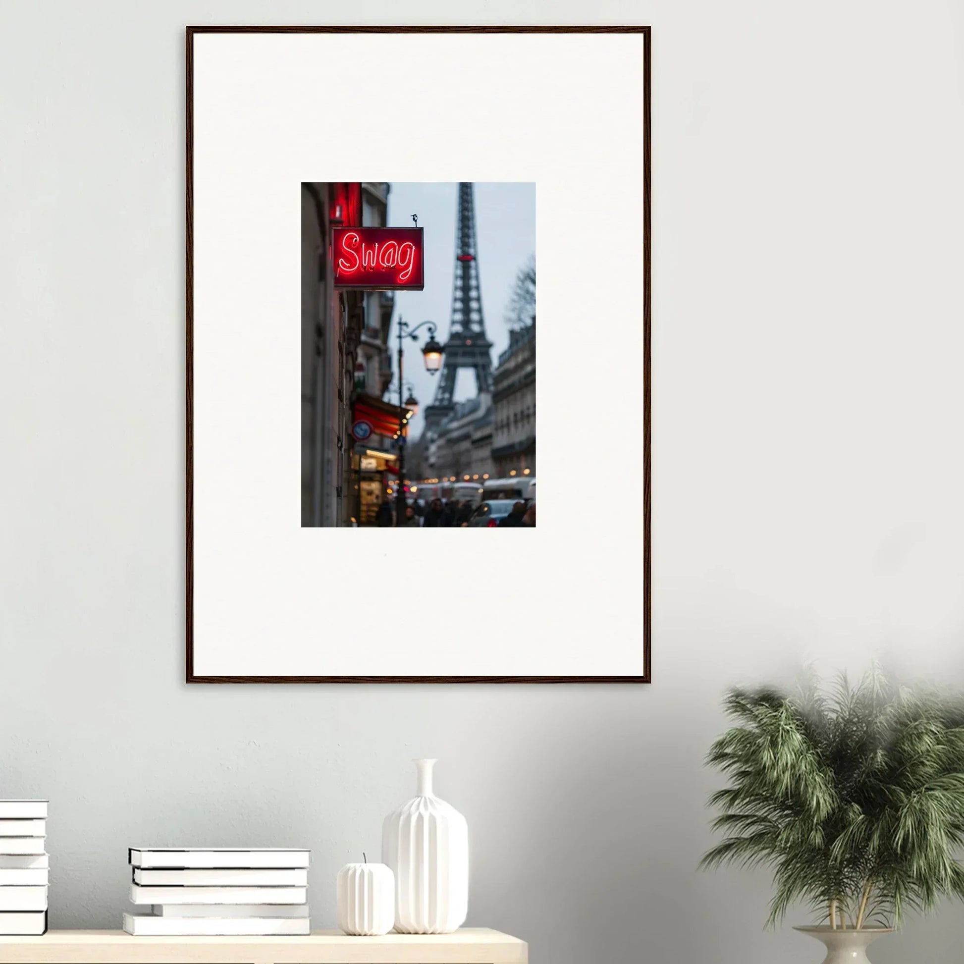 Framed wall art of a Paris street with the Eiffel Tower and neon sign for room decor