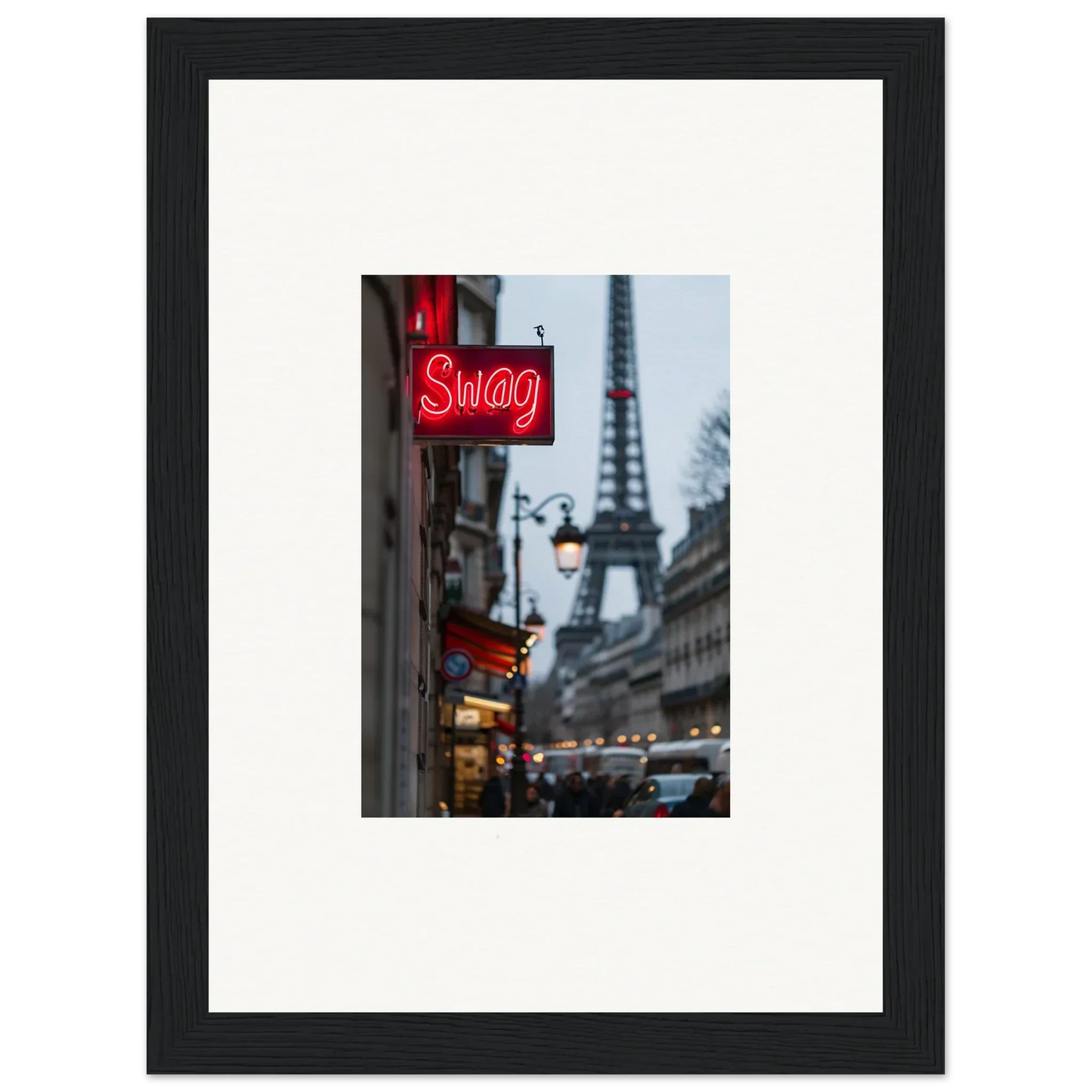 Framed wall art showcasing a Paris street scene with the Eiffel Tower and neon sign