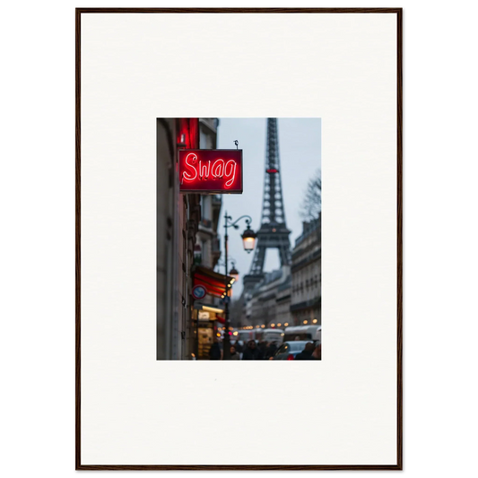 Framed wall art of Paris street scene with Eiffel Tower and neon Swag sign for room decor