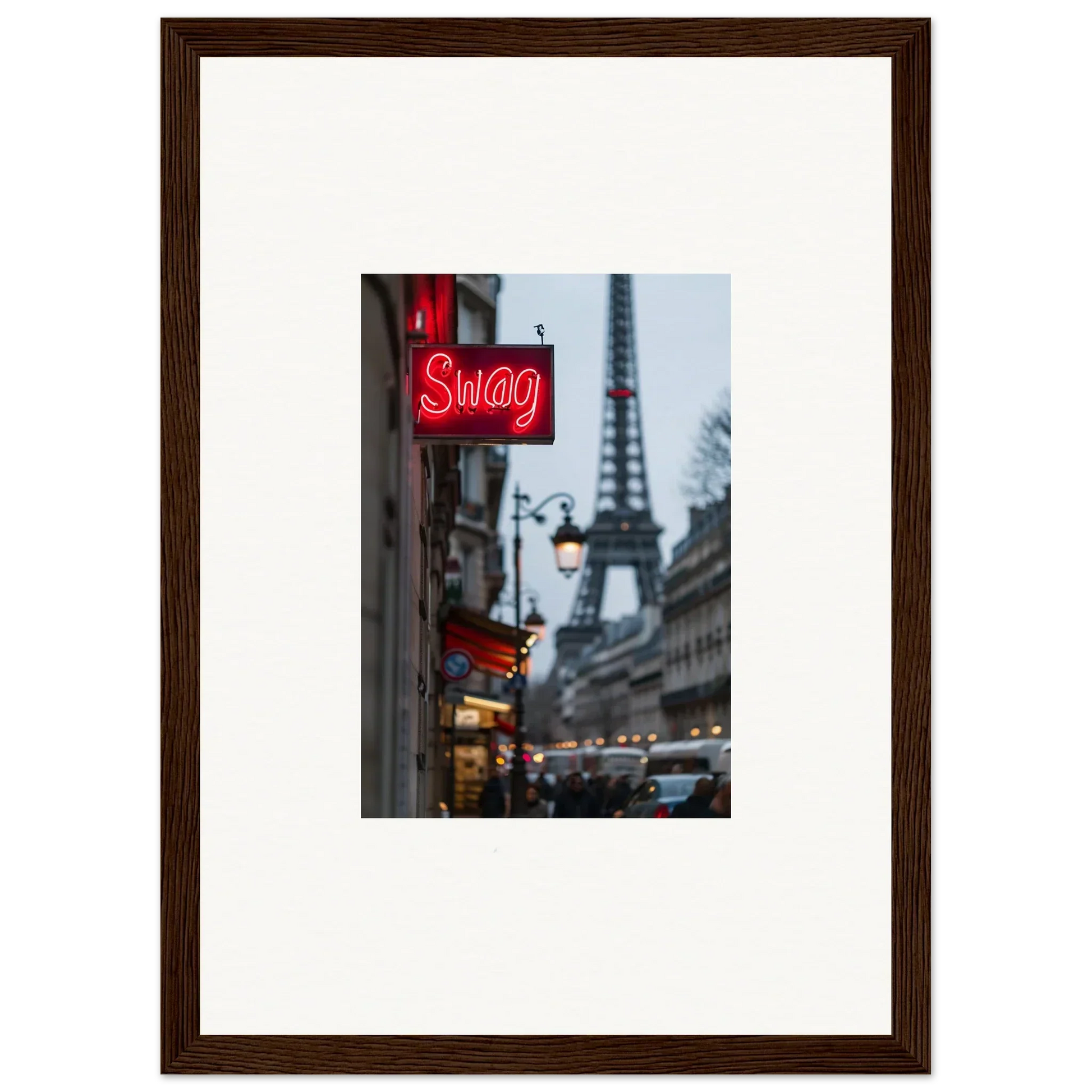 Framed wall art of a Parisian street scene with neon Swag sign and Eiffel Tower for room decor