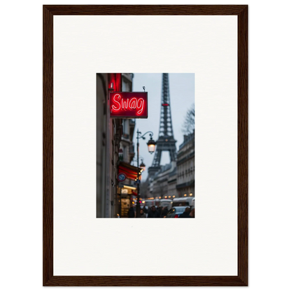 Framed wall art of a Parisian street scene with neon Swag sign and Eiffel Tower for room decor