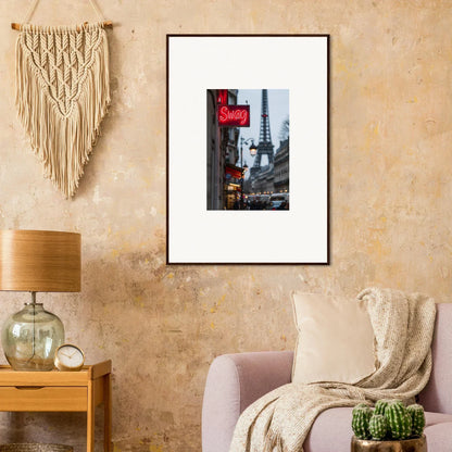 Framed wall art of the Eiffel Tower with a red neon sign, perfect for tour sentiments room decor