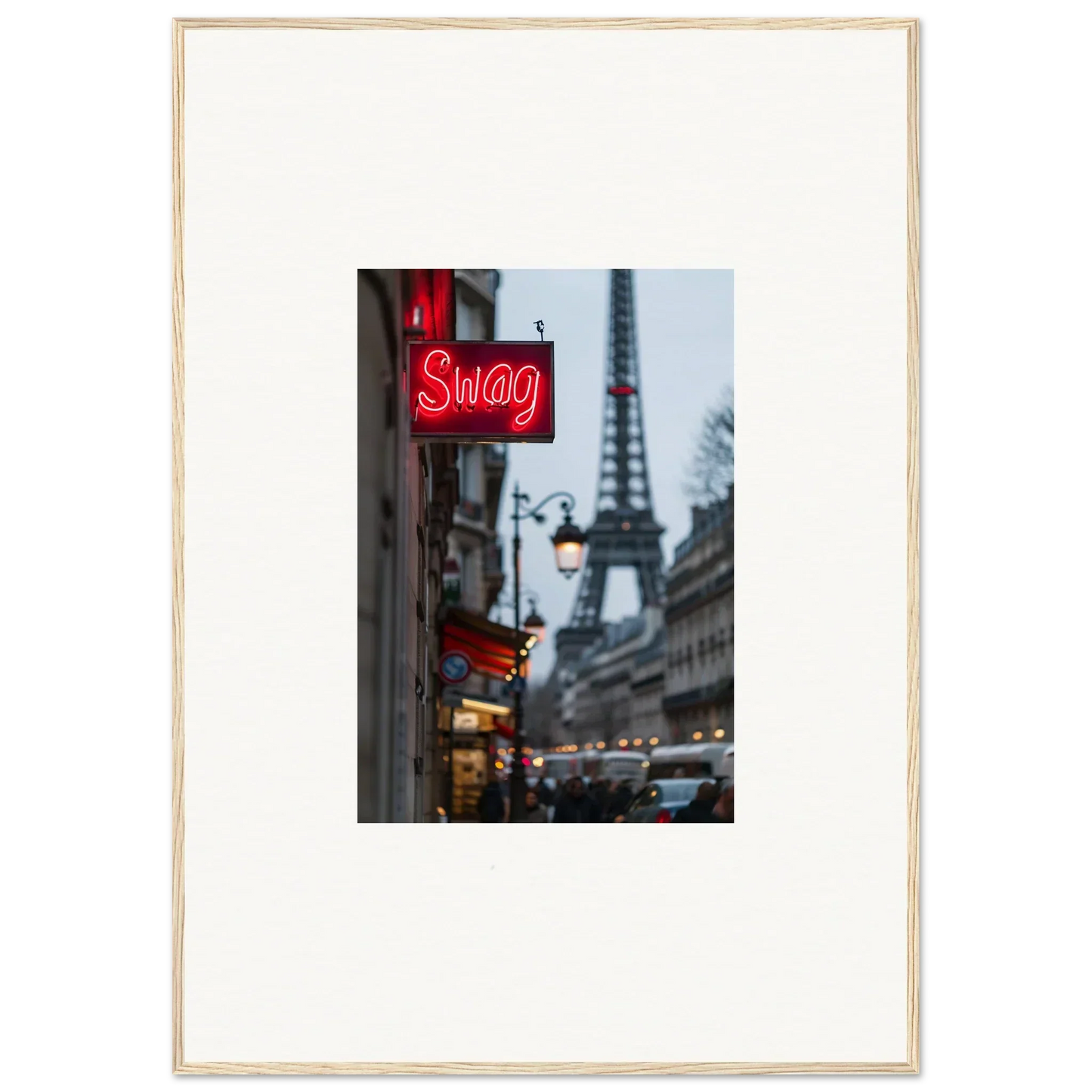 Framed wall art of a Parisian street with neon Swag sign and Eiffel Tower, tour sentiments