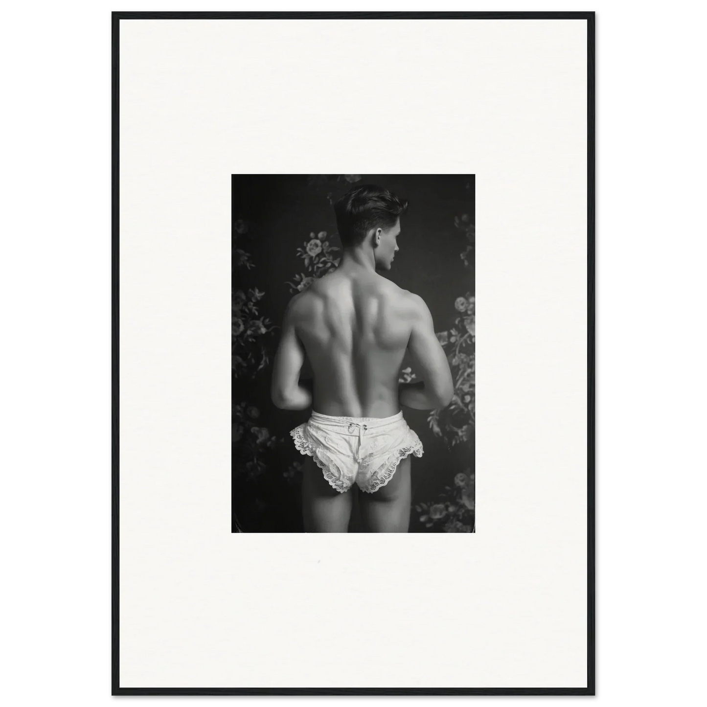 Black and white canvas print of a muscular back in white underwear for cool wall art