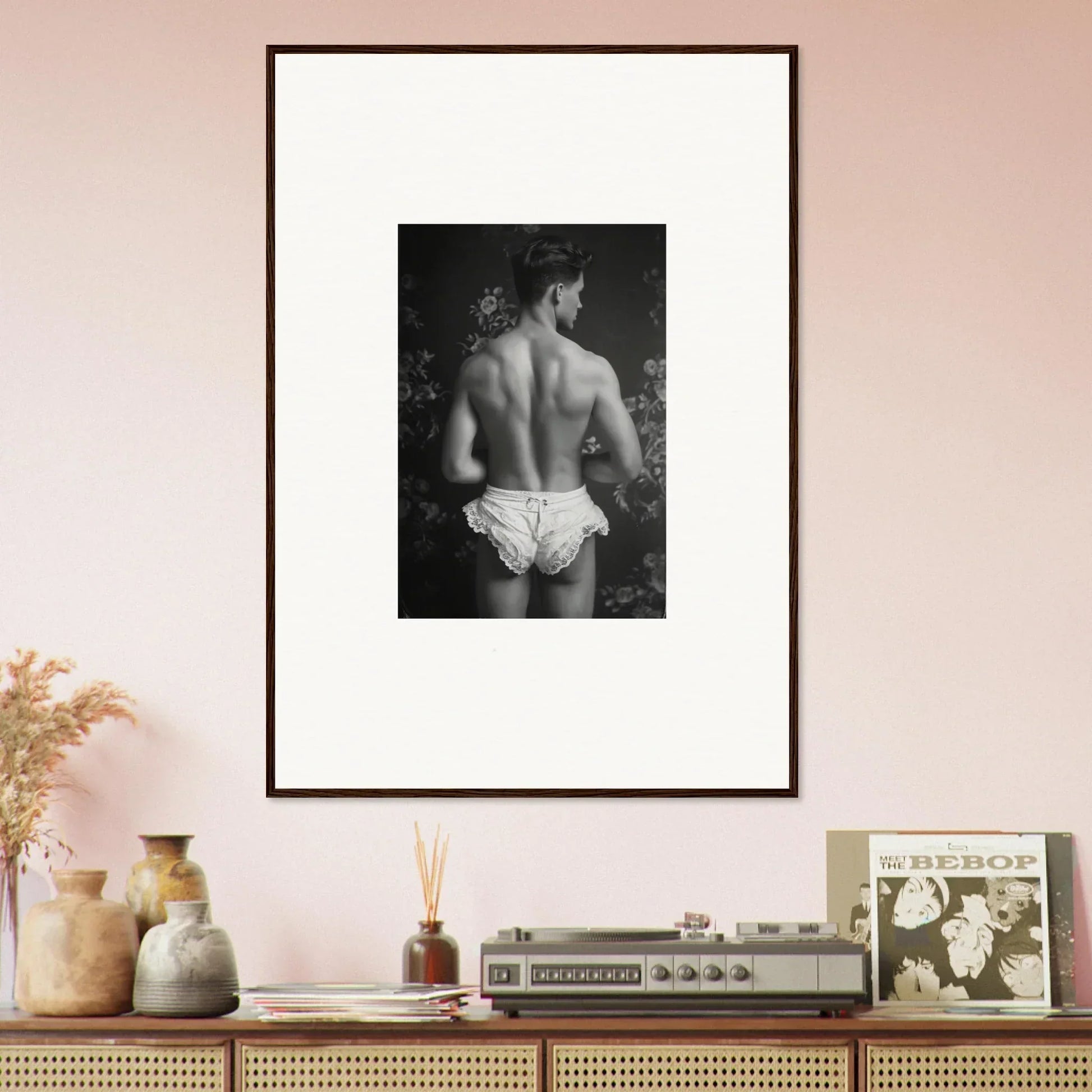 Framed black and white art piece for stylish room decoration featuring a person’s bare back