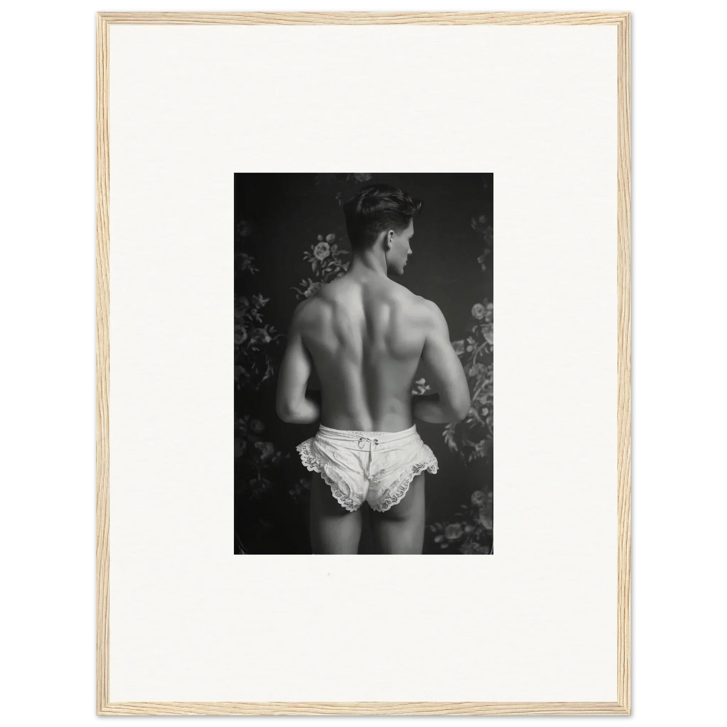 Artistic black and white photo of a shirtless person for stylish wall art or room decoration