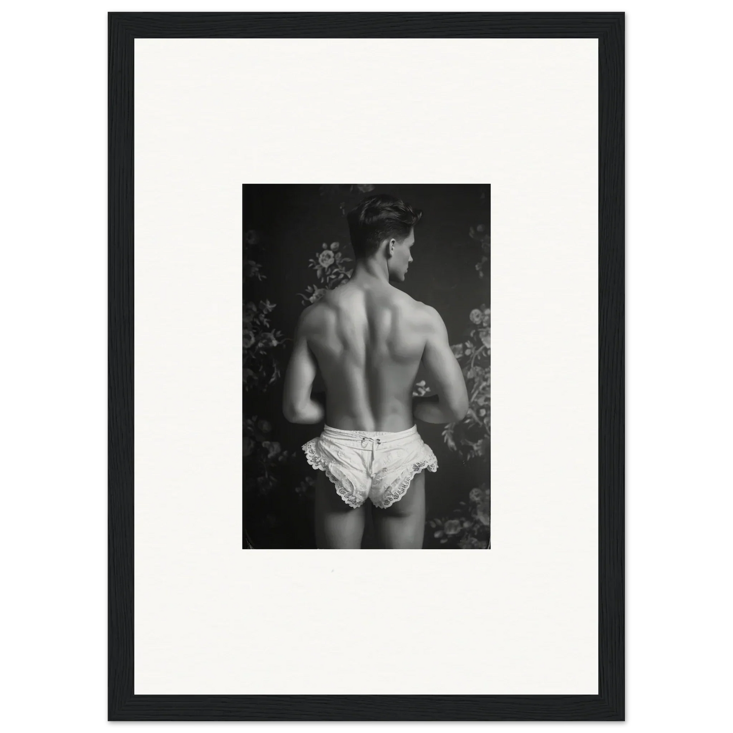 Black and white canvas print of a muscular back in white underwear for cool room decoration