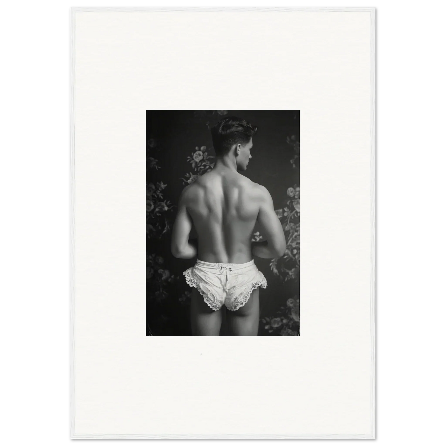 Black and white canvas print of a muscular back in white underwear, perfect wall art