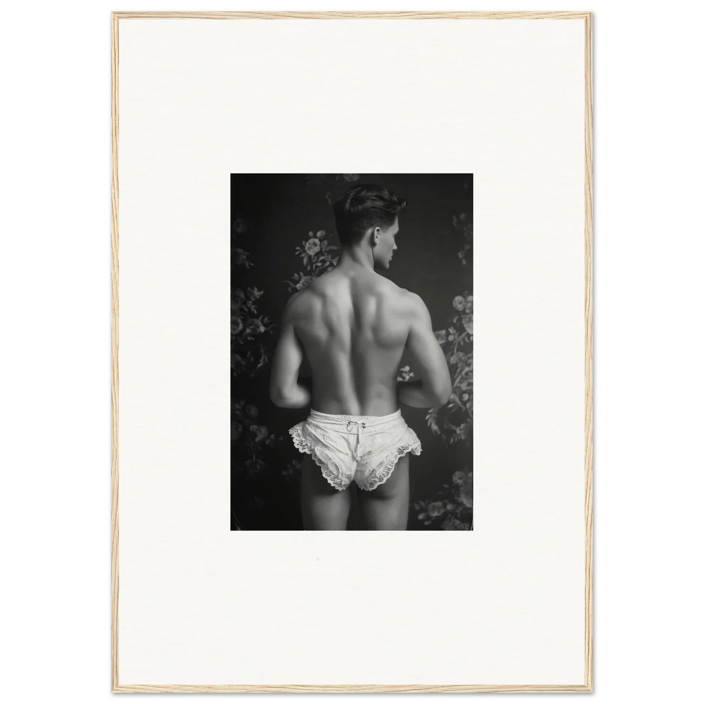 Stylish black and white canvas print of a muscular back in white underwear for wall art