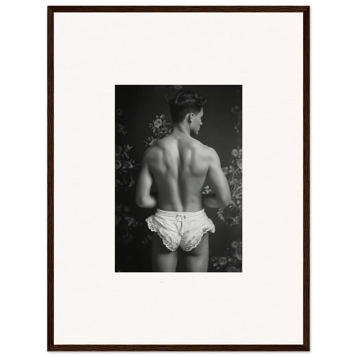 Black and white canvas print of a muscular back in white underwear for wall art