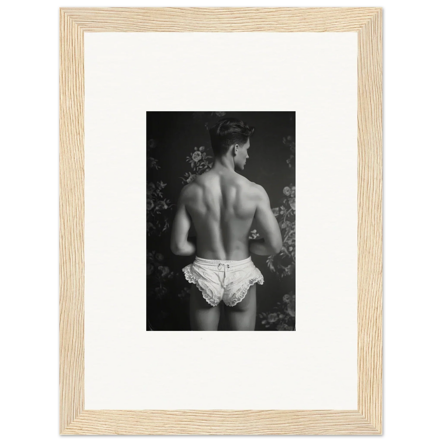 Shirtless person with muscular back in white underwear, perfect for wall art decor