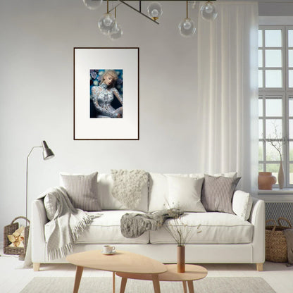 White sofa adorned with various throw pillows and blankets.