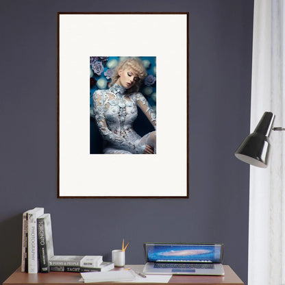 Framed portrait of a woman in an intricate white lace outfit against a blue background.