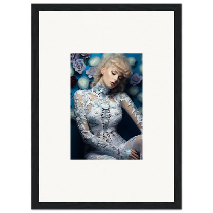 Framed photograph of a woman in an intricate white lace dress with a dreamy, ethereal quality.