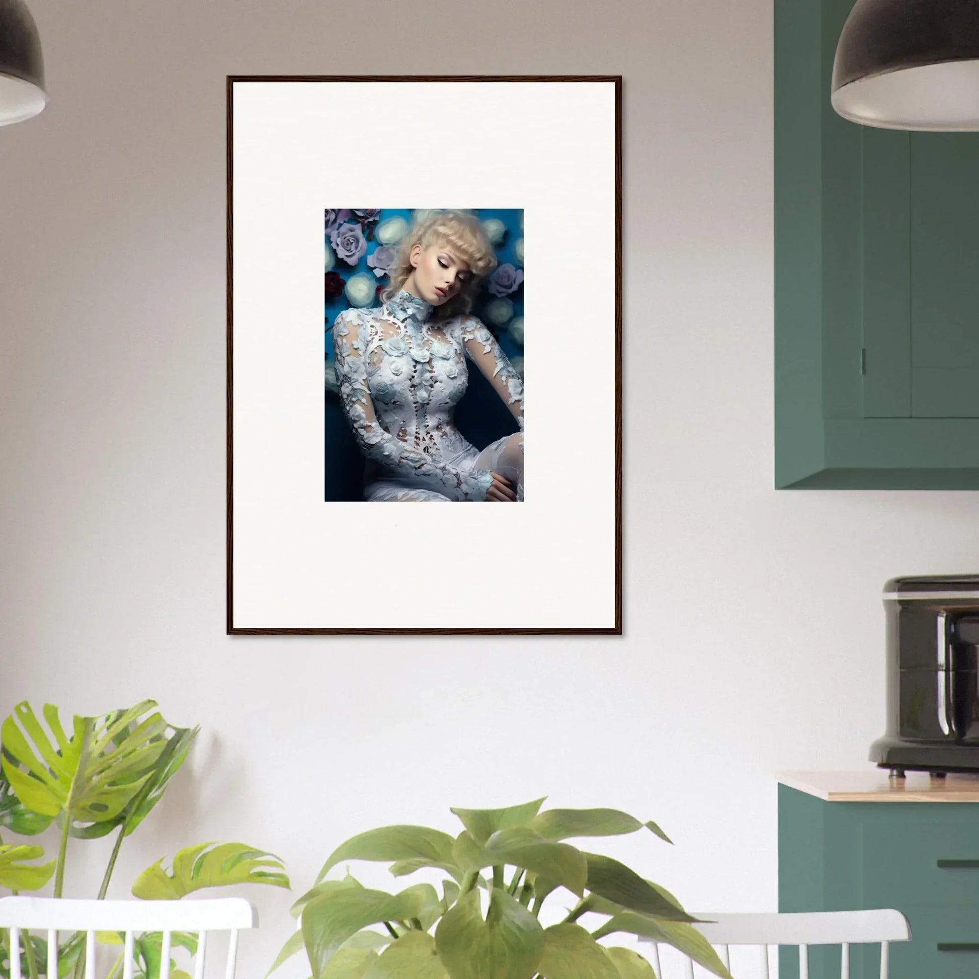 Framed portrait of a blonde woman in a white lace outfit against a blue background.