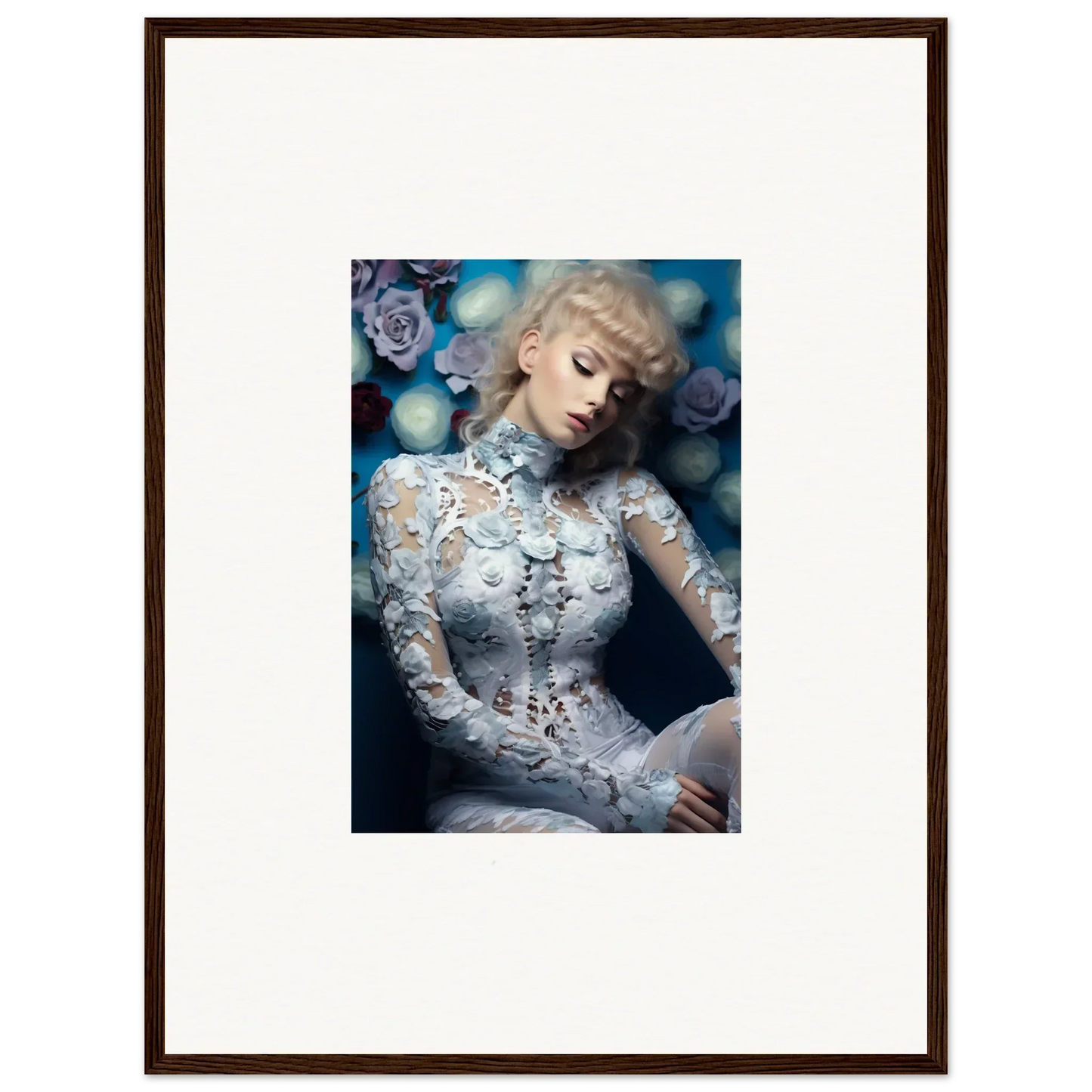 Framed photograph of a woman in a white lace dress with her eyes closed.