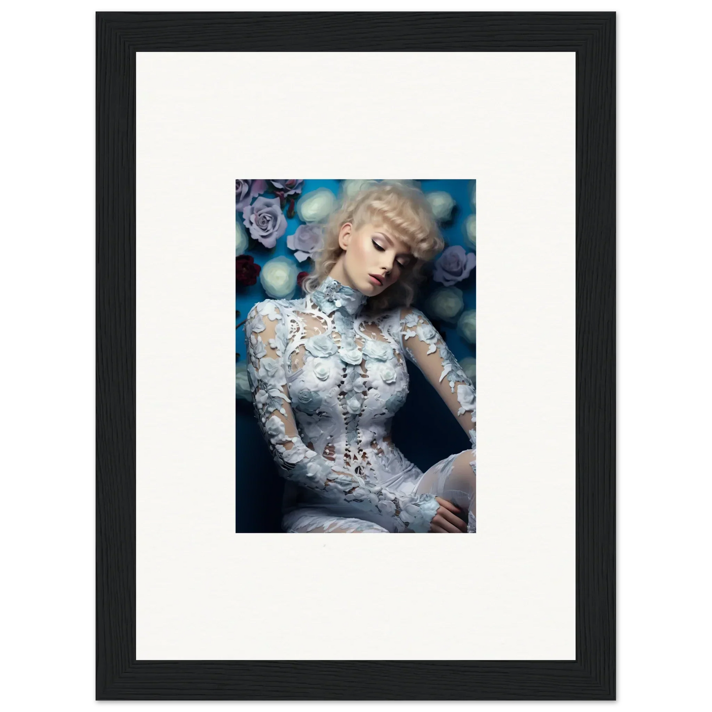 Framed photograph of a woman in an intricate white lace dress with a dreamy, ethereal aesthetic.