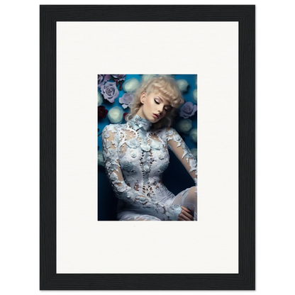 Framed photograph of a woman in an intricate white lace dress with a dreamy, ethereal aesthetic.