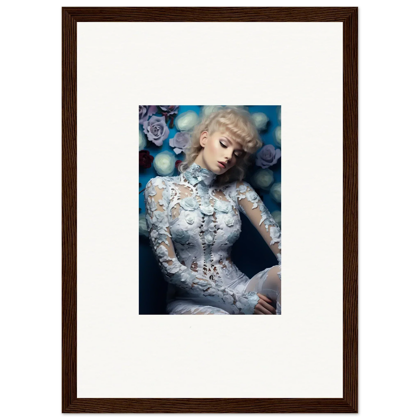 Framed portrait of a woman in an intricate white lace dress with a dreamy, ethereal atmosphere.