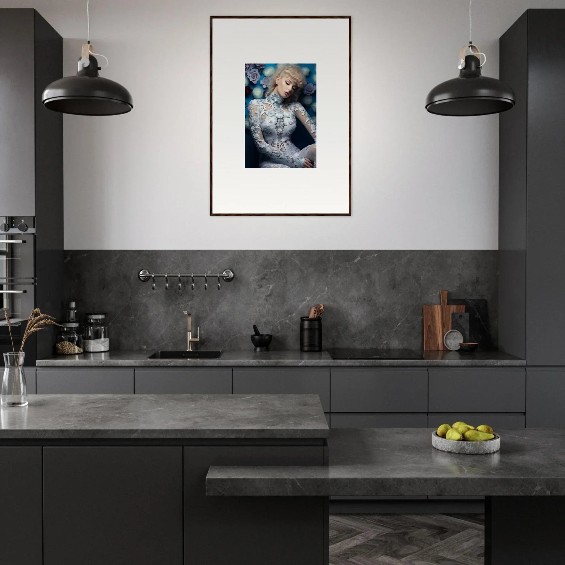 Modern, dark gray kitchen with a framed artwork as the focal point.