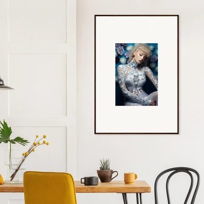 Framed portrait of a woman with blonde hair in an ethereal, icy blue setting.