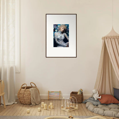 Framed artwork depicting a figure with pale skin and light hair against a blue background.