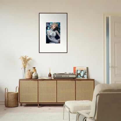 Wooden sideboard with rattan-fronted doors and decorative items on top.