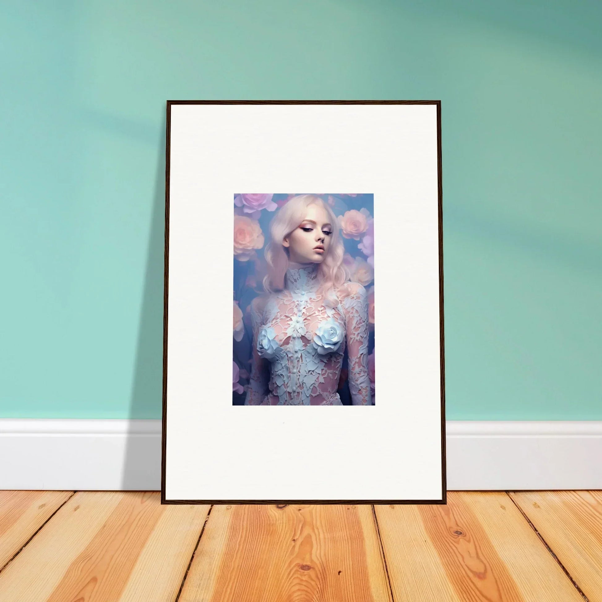 Framed wall art of a dreamy woman portrait, perfect for petal vapor room decor