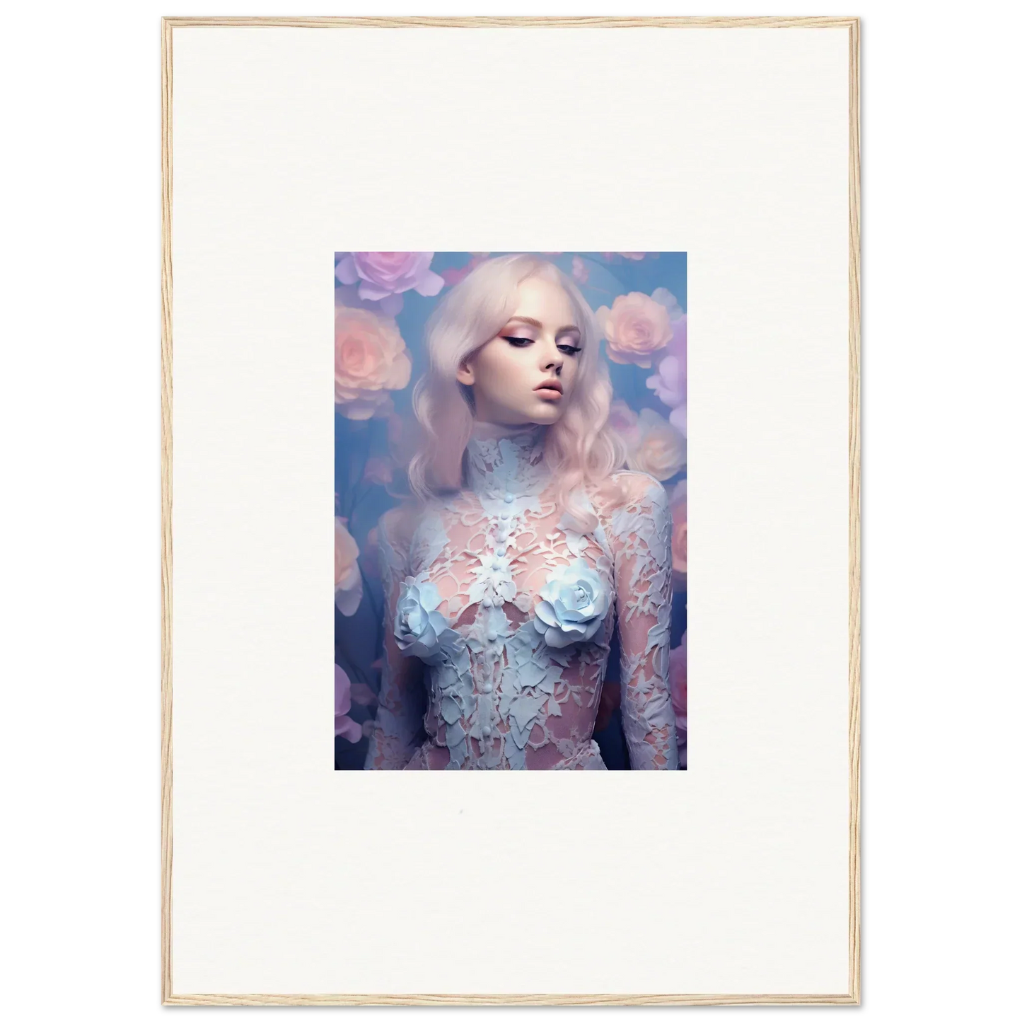 Ethereal portrait of a woman with pale skin, Lace Petal Vapor framed wall art for room decor