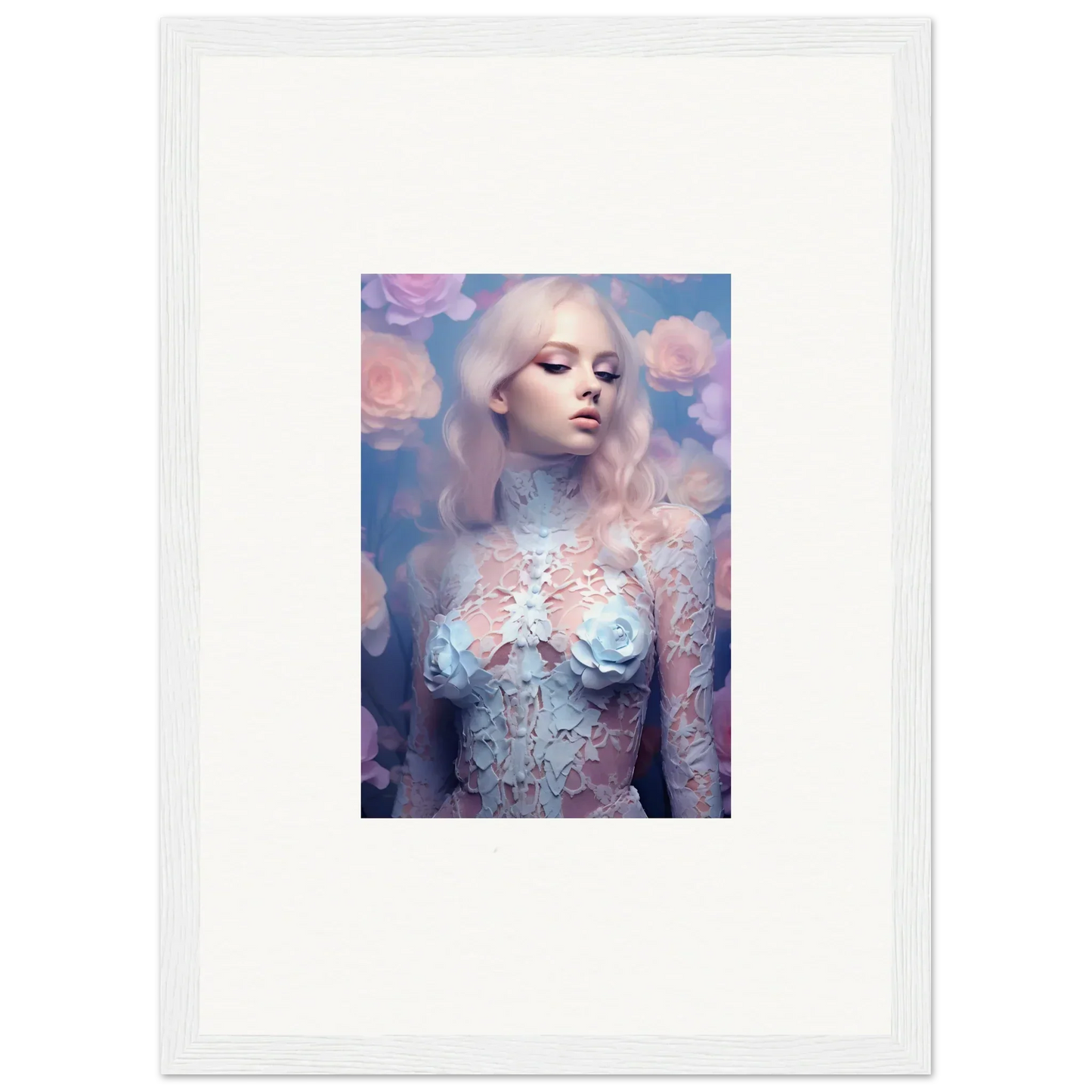 Ethereal portrait of a pale figure with pastel hair, perfect for Petal Vapor room decor