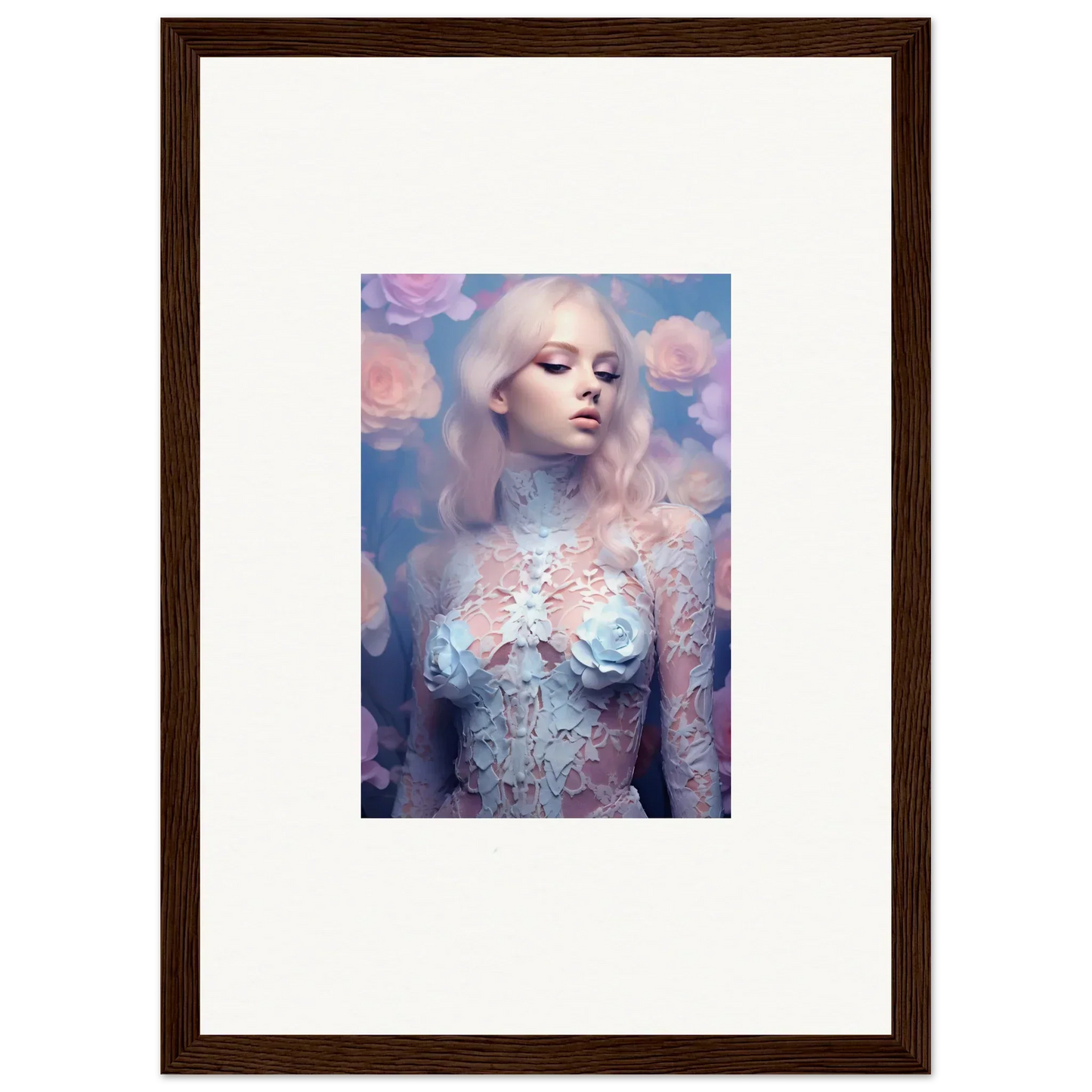 Framed wall art of pale woman in floral attire, perfect for petal vapor room decor