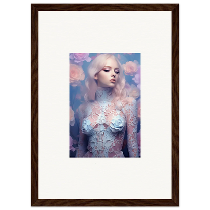 Framed wall art of pale woman in floral attire, perfect for petal vapor room decor