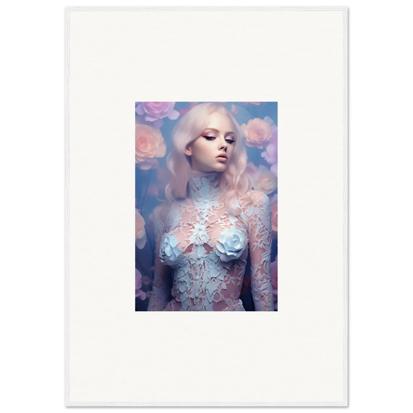 Ethereal woman portrait with lace bodice, perfect for petal vapor room decor and wall art