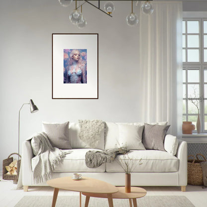 White sofa with gray and white pillows complements Petal Vapor room decor