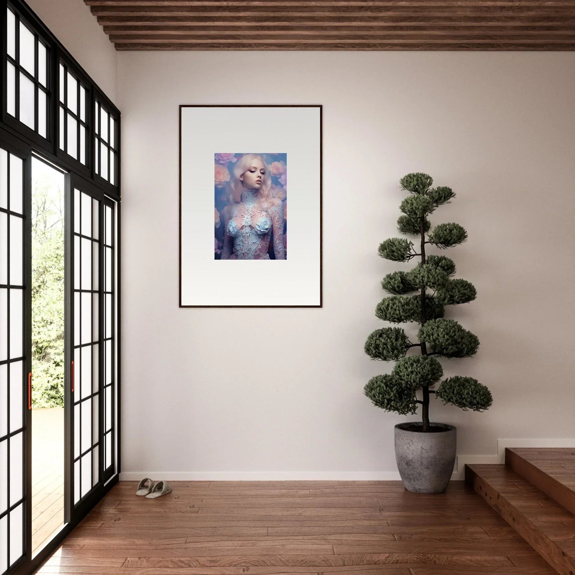 Framed wall art of a cat against a colorful, ethereal petal vapor background